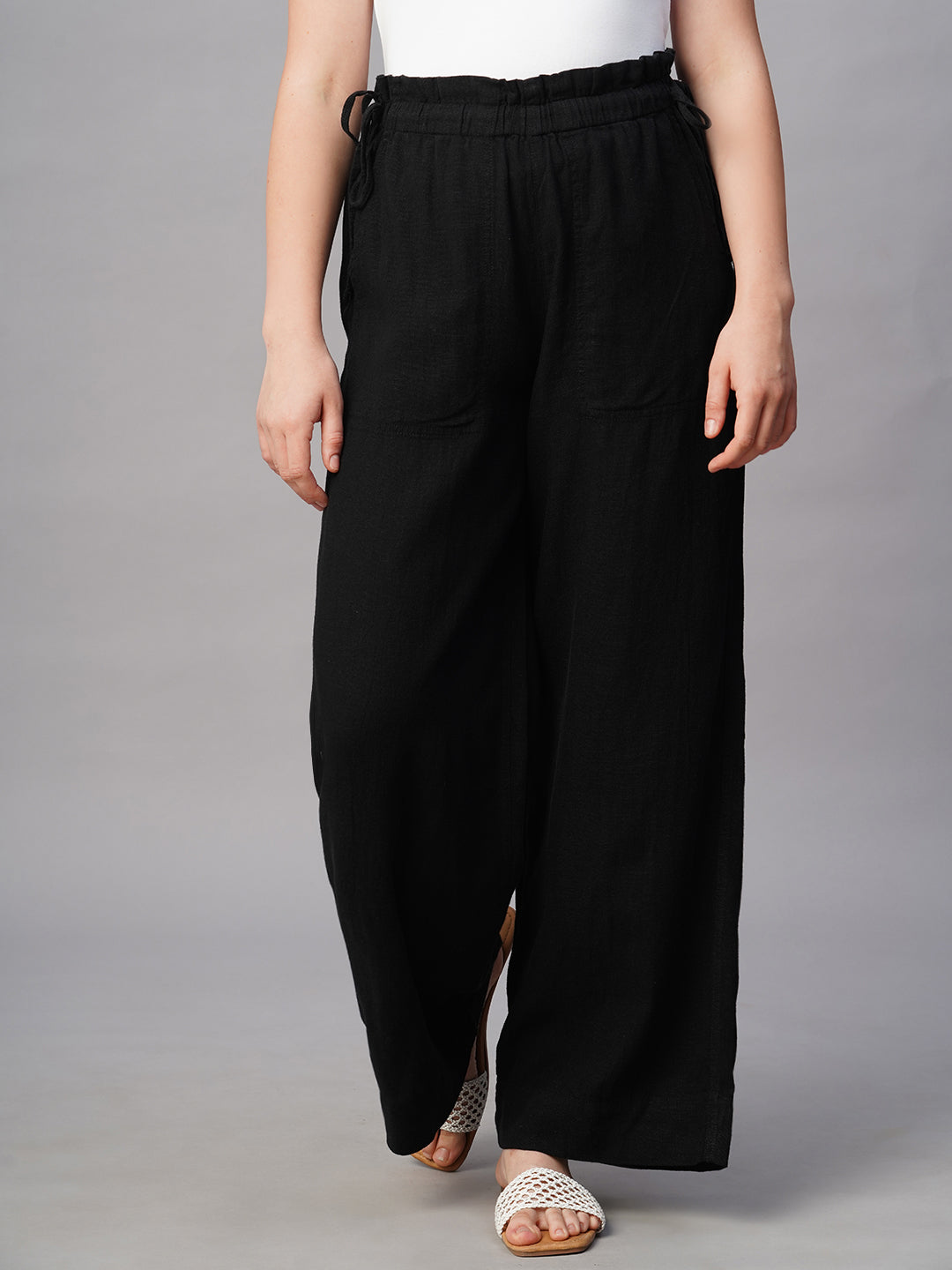 Women's Black Linen Viscose Wide Leg Pant