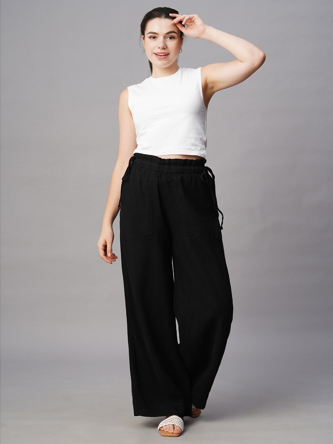 Women's Black Linen Viscose Wide Leg Pant