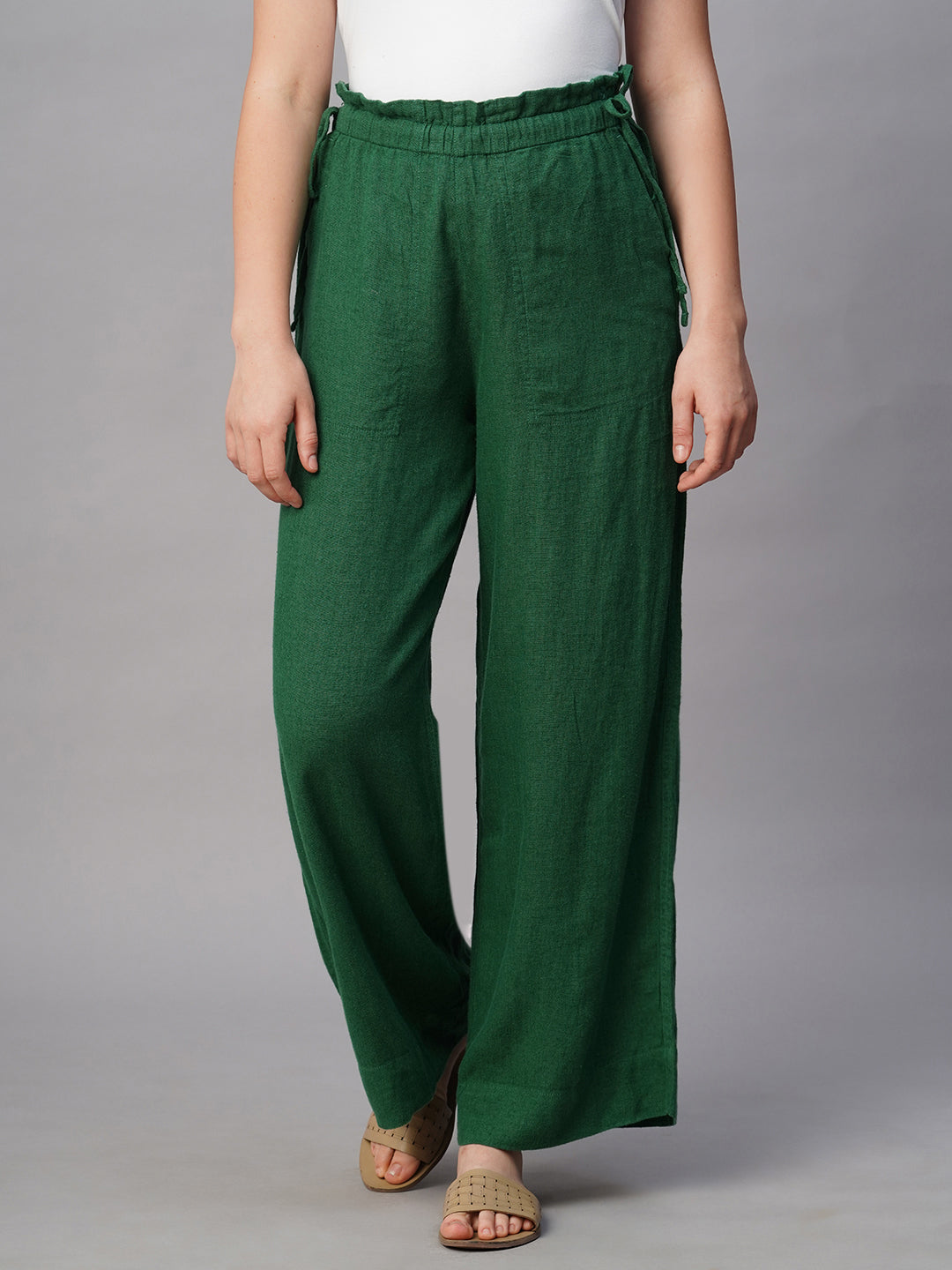 Women's Green Linen Viscose Wide Leg Pant