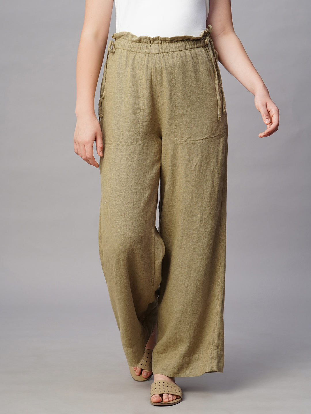 Women's Khaki Linen Viscose Wide Leg Pant