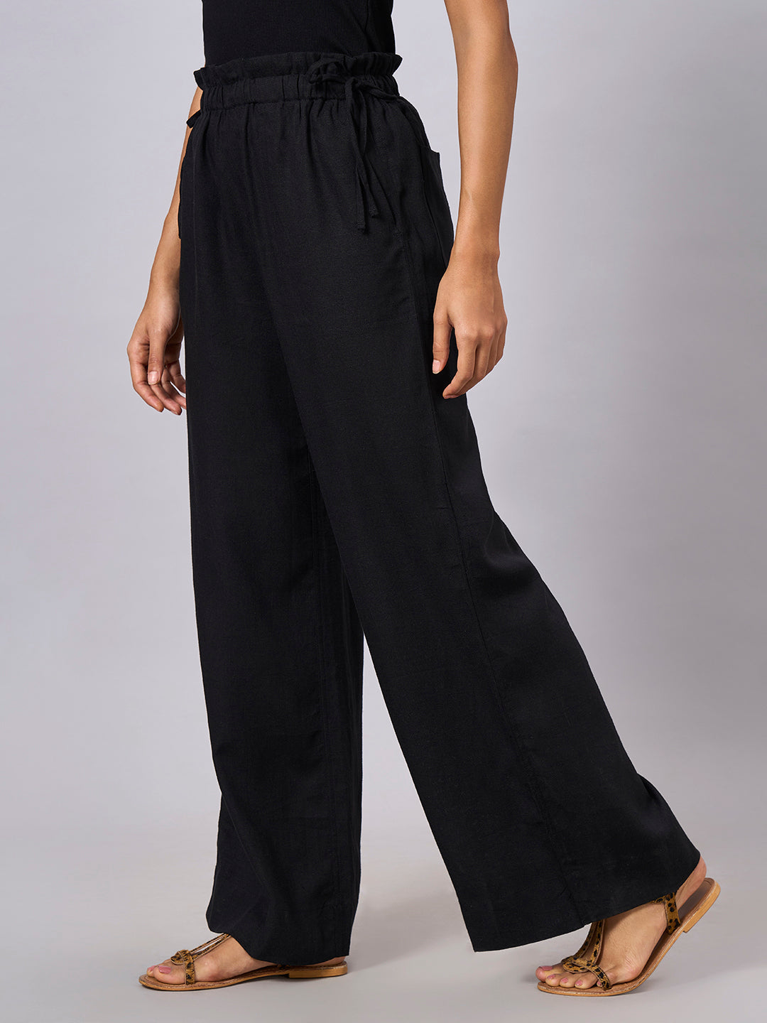 Women's Black Linen Viscose Regular Fit Pant