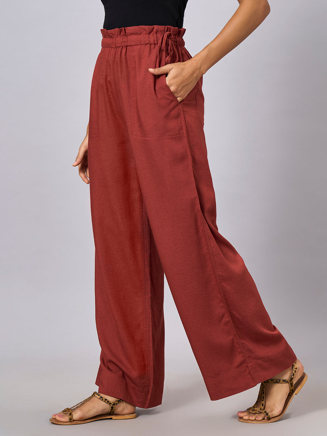 Women's Rust Linen Viscose Regular Fit Pant