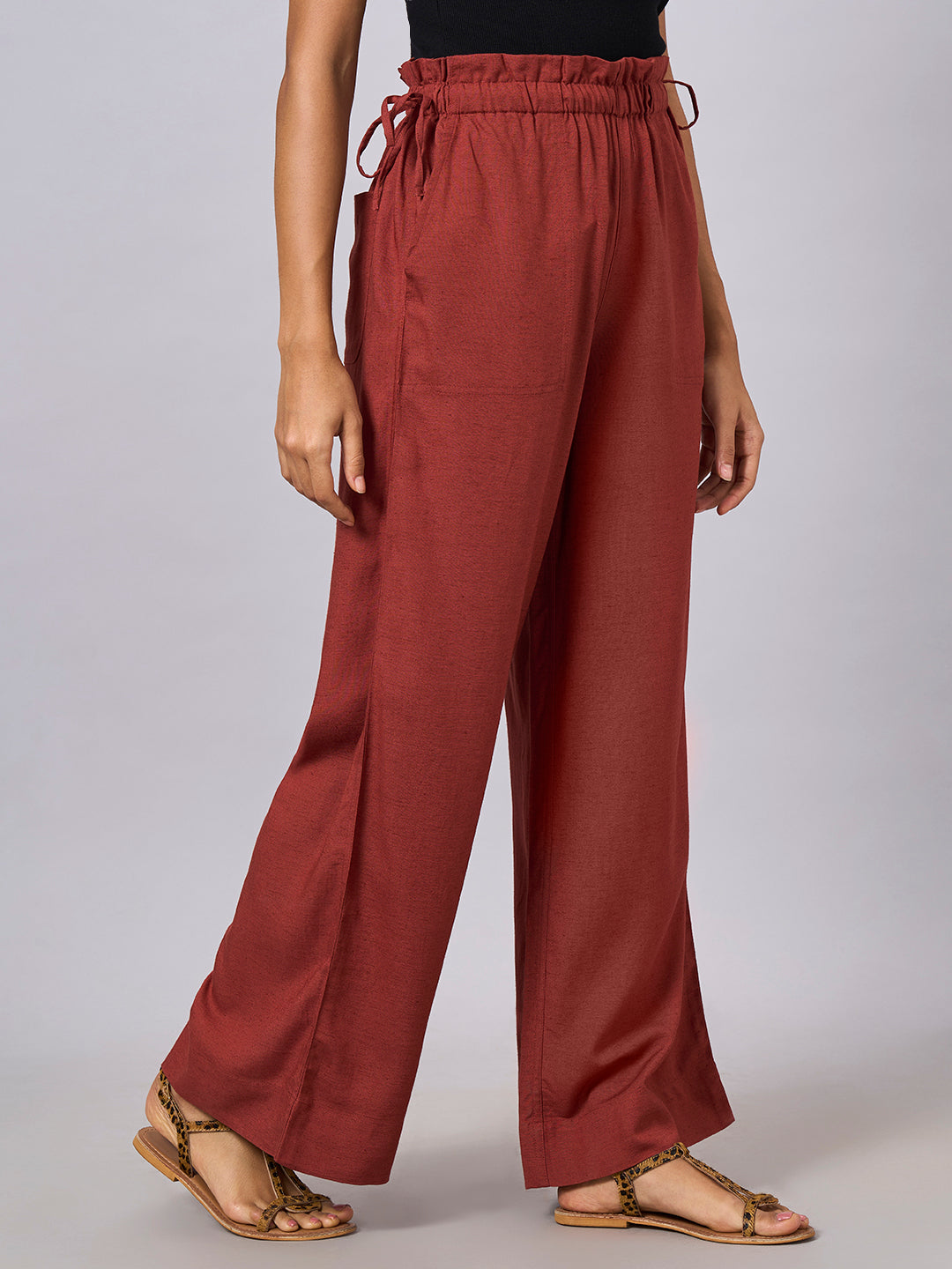 Women's Rust Linen Viscose Regular Fit Pant