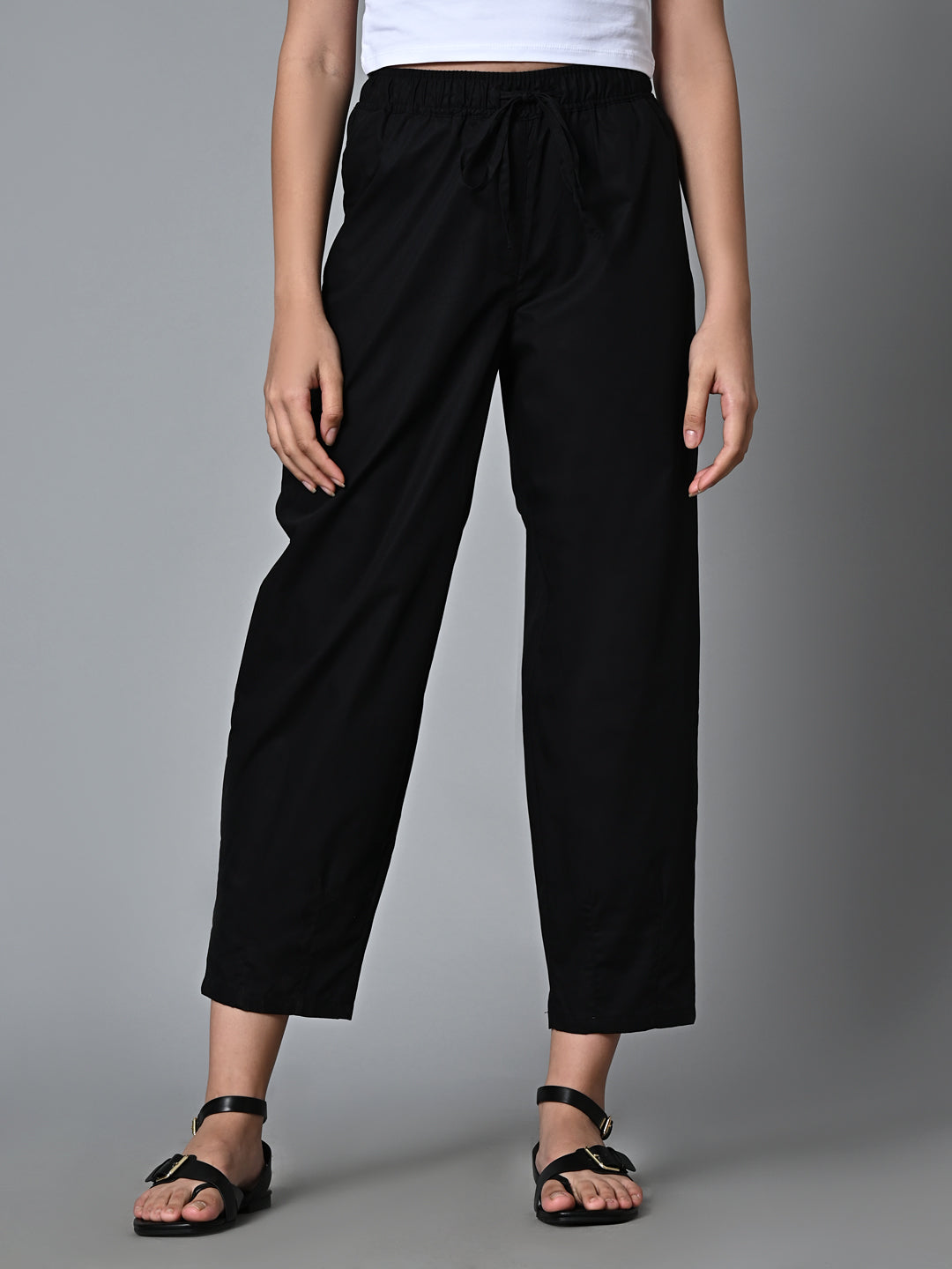 Women's Black Cotton Regular Fit Pant