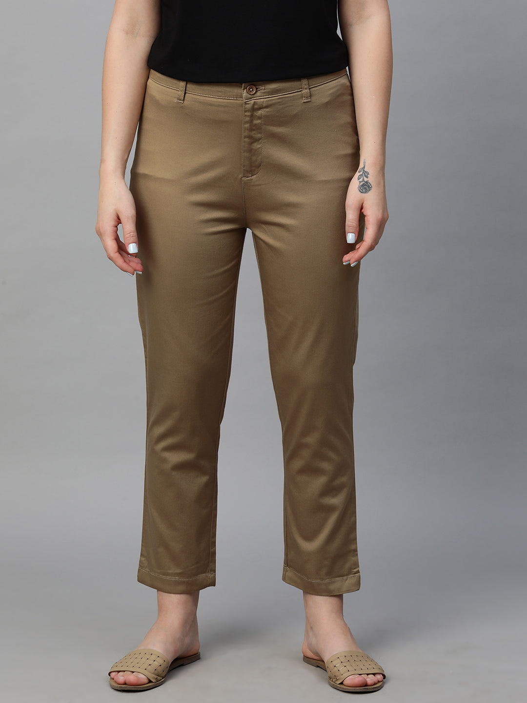 Women's Khaki Cotton Lycra Regular Fit Pant