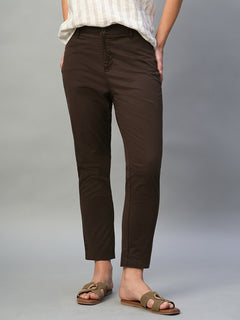 Women’s Cotton Lycra Regular Fit Side Pocket Pant Brown