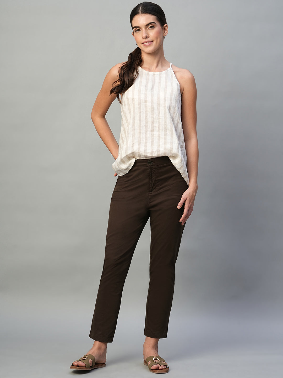 Women's Brown Cotton Lycra Regular Fit Pant