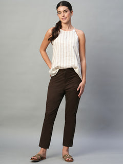 Women’s Cotton Lycra Regular Fit Side Pocket Pant Brown
