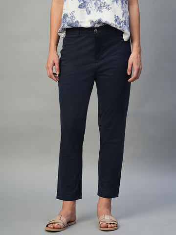 Women’s Cotton Lycra Regular Fit Tapered Pant Navy