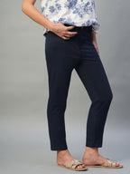 Women's Navy Cotton Lycra Regular Fit Pant
