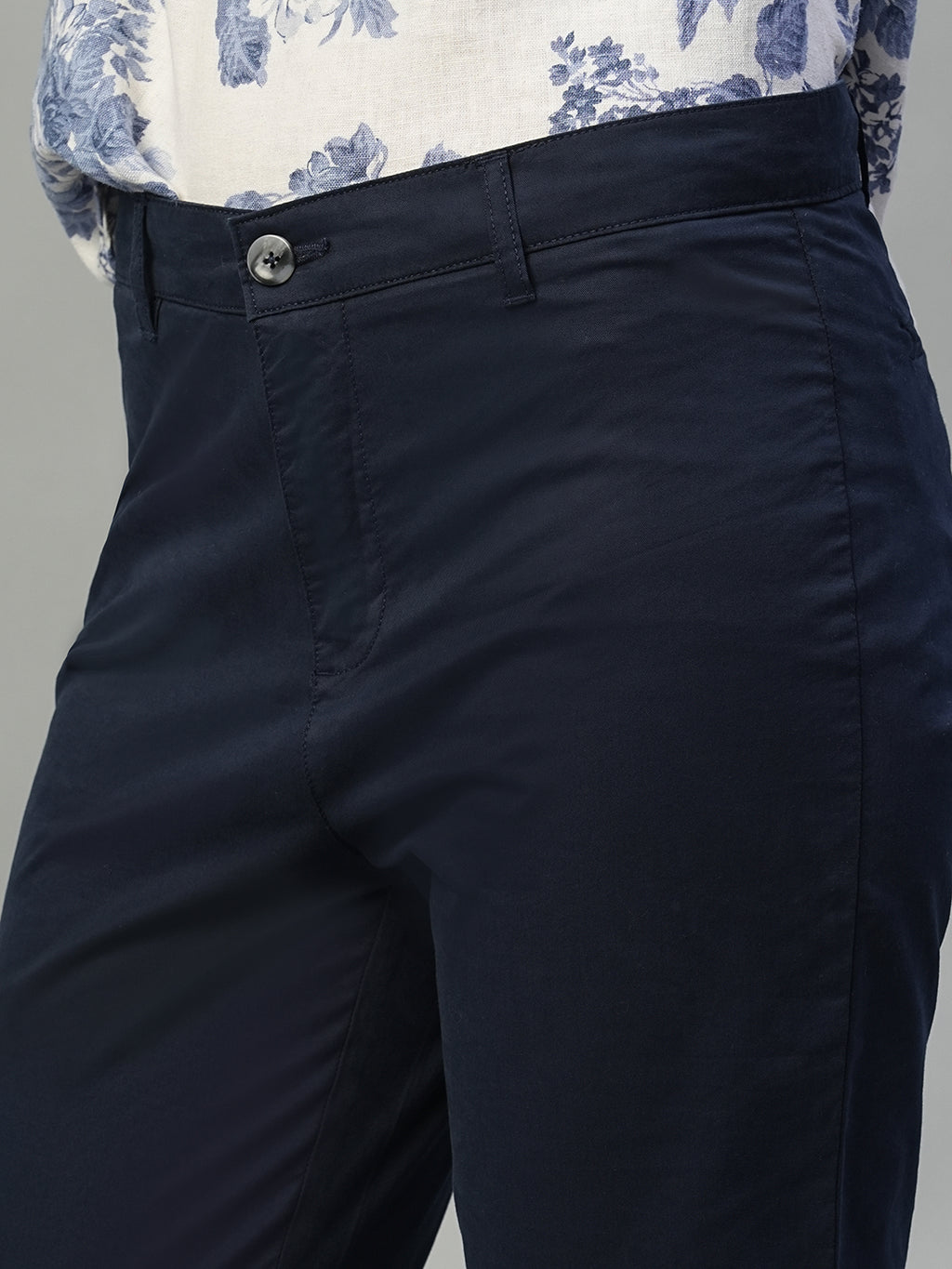 Women's Navy Cotton Lycra Regular Fit Pant