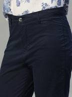 Women's Navy Cotton Lycra Regular Fit Pant