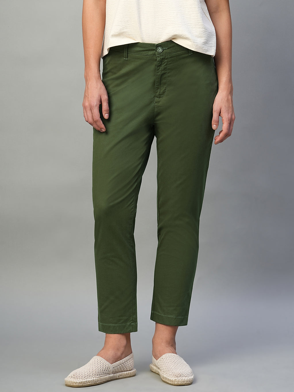 Women's Olive Cotton Lycra Regular Fit Pant