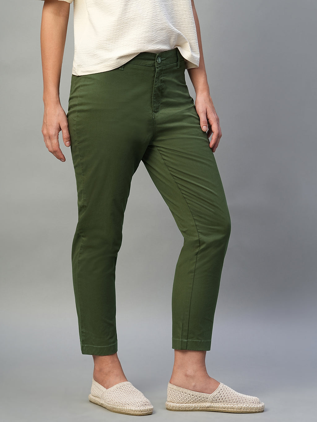 Women's Olive Cotton Lycra Regular Fit Pant