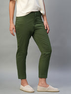 Women's Olive Cotton Lycra Regular Fit Pant