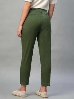 Women’s Cotton Lycra Regular Fit Button Zip Pant Olive