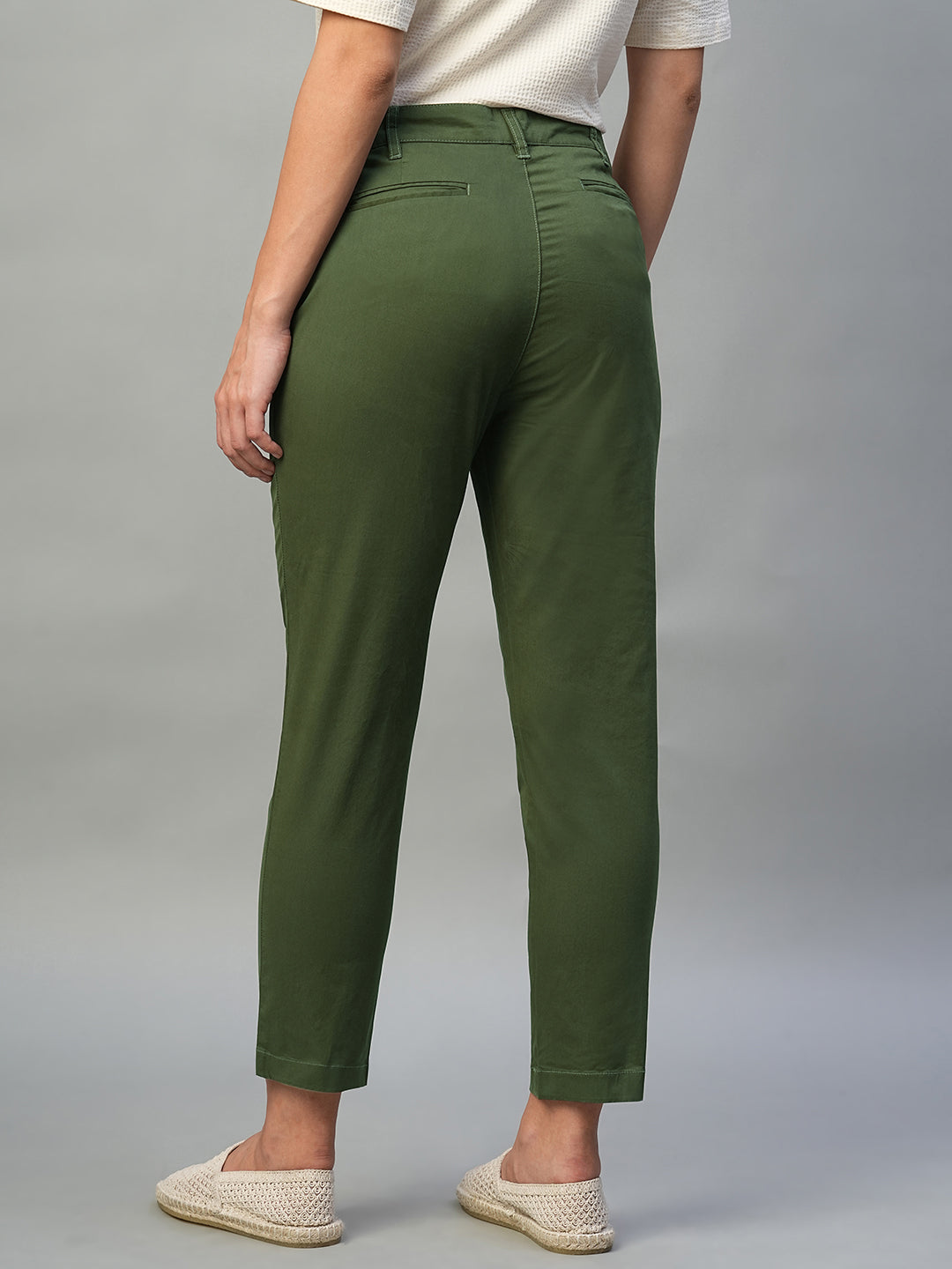 Women's Olive Cotton Lycra Regular Fit Pant