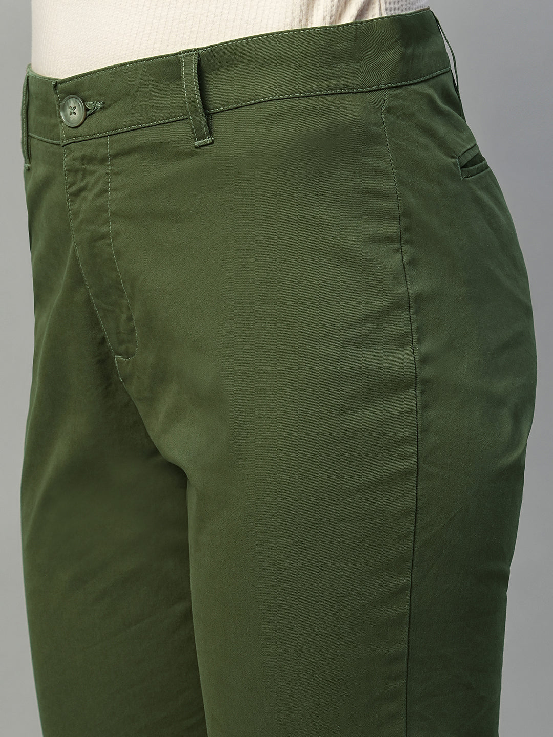 Women's Olive Cotton Lycra Regular Fit Pant