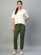 Women's Olive Cotton Lycra Regular Fit Pant