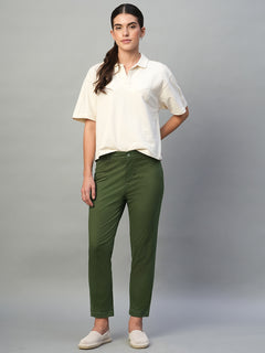 Women’s Cotton Lycra Regular Fit Button Zip Pant Olive
