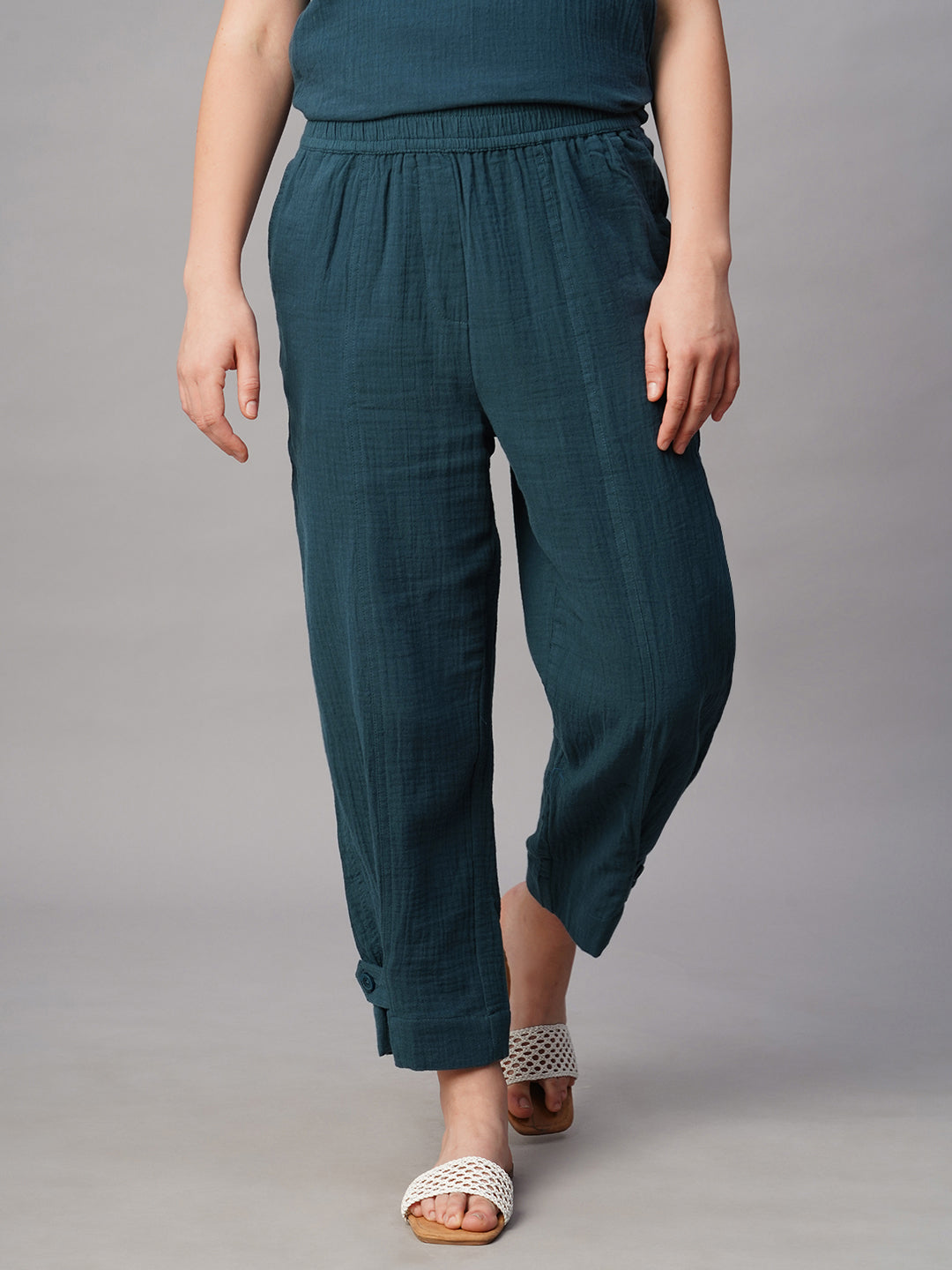 Women's Blue Cotton Regular Fit Pant