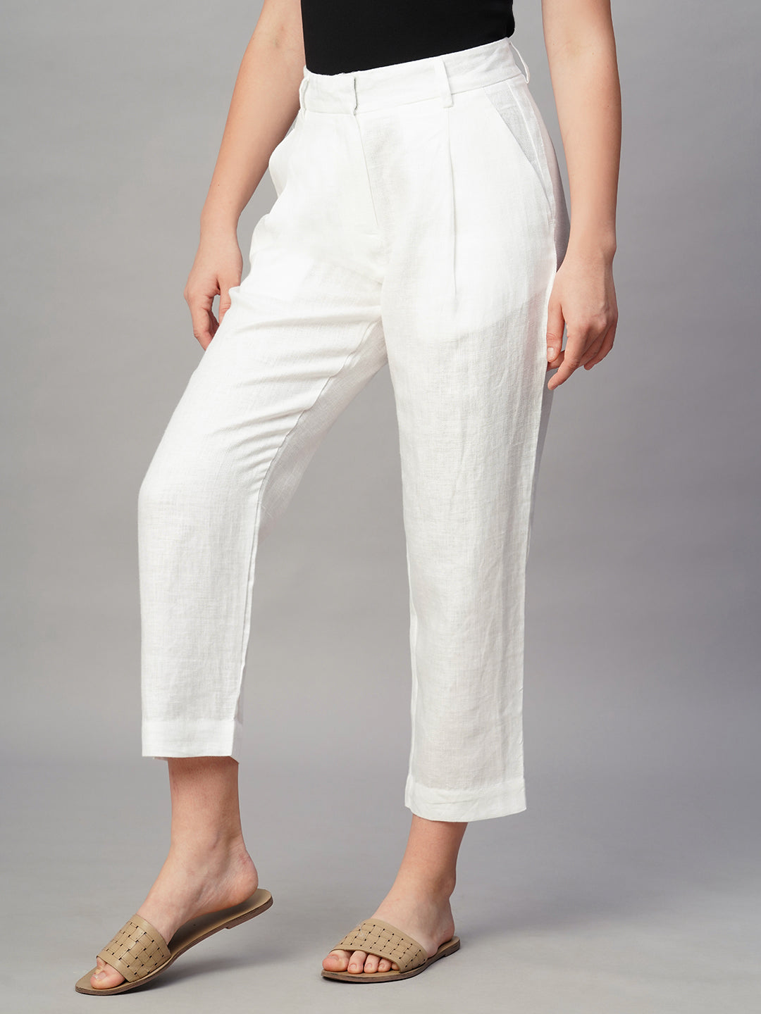 Women's White Linen Regular Fit Pant