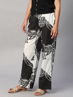 Women's White/Black Cotton Flax Regular Fit Pant