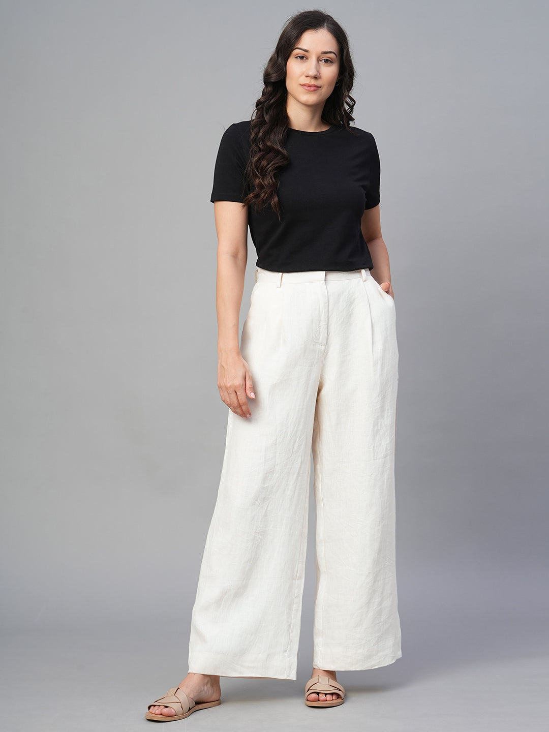 Women's Beige 100% Linen Wide Leg Pant