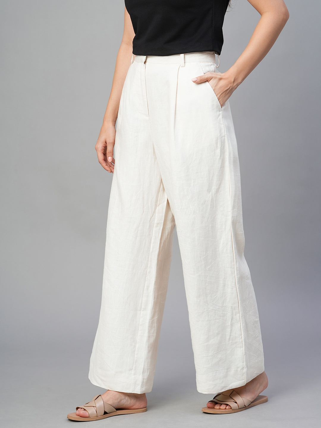 Women's Beige 100% Linen Regular Fit Pant