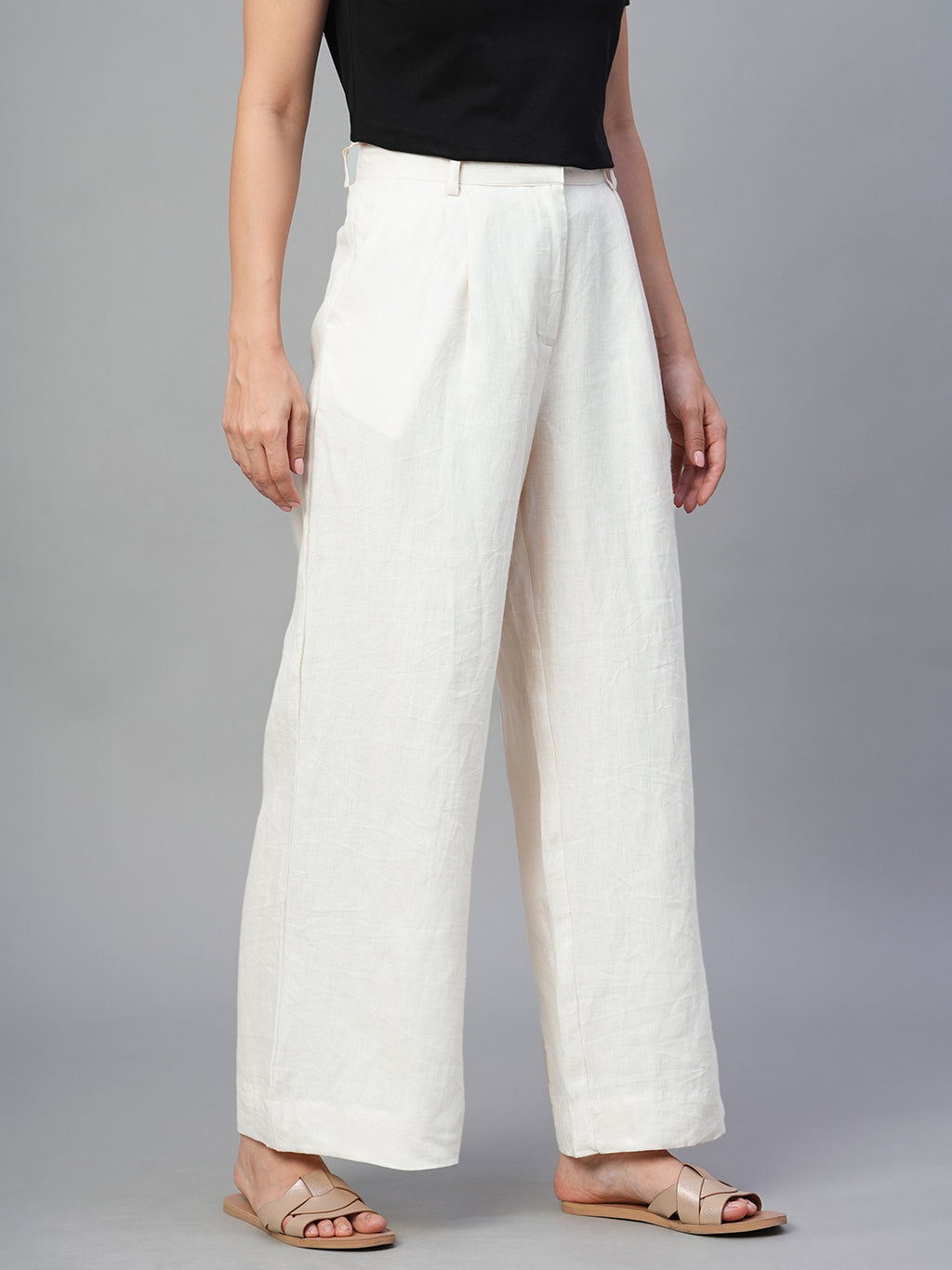 Women's Beige 100% Linen Regular Fit Pant