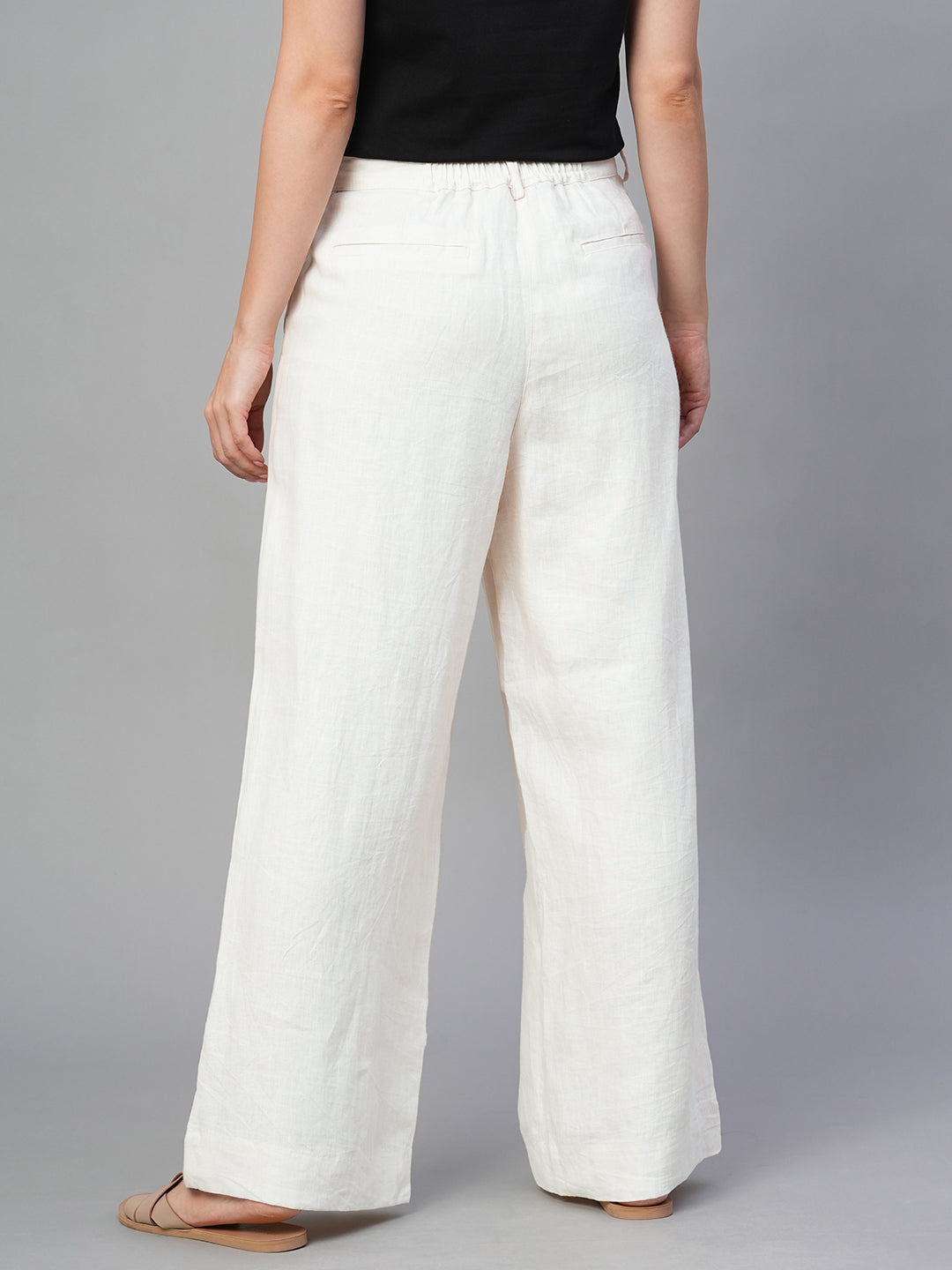 Women's Beige 100% Linen Regular Fit Pant
