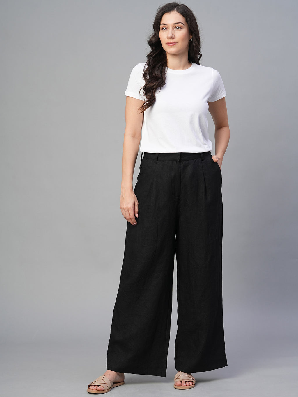 Women's Black 100% Linen Regular Fit Pant