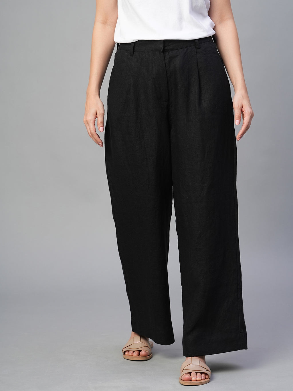 Women's Black 100% Linen Regular Fit Pant