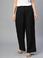Women's Black 100% Linen Regular Fit Pant