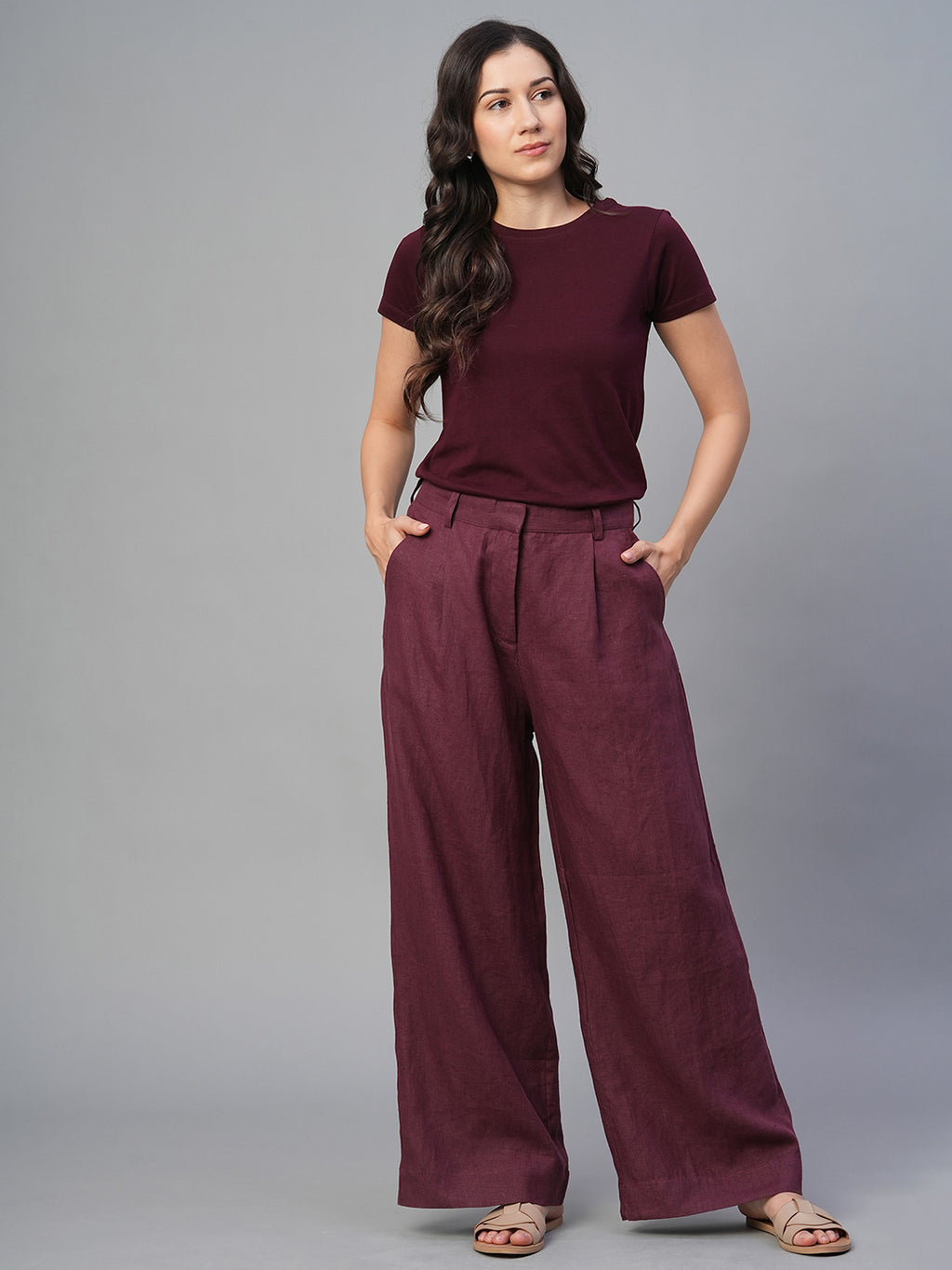Women's Wine 100% Linen Regular Fit Pant