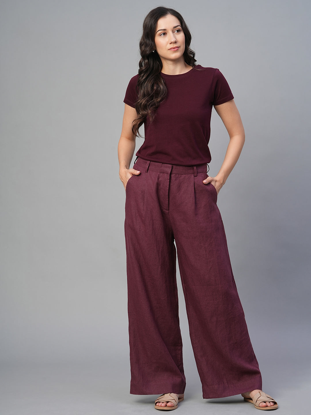 Women's Wine 100% Linen Wide Leg Pant