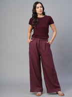Women's Wine 100% Linen Regular Fit Pant