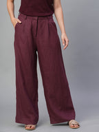 Women's Wine 100% Linen Regular Fit Pant