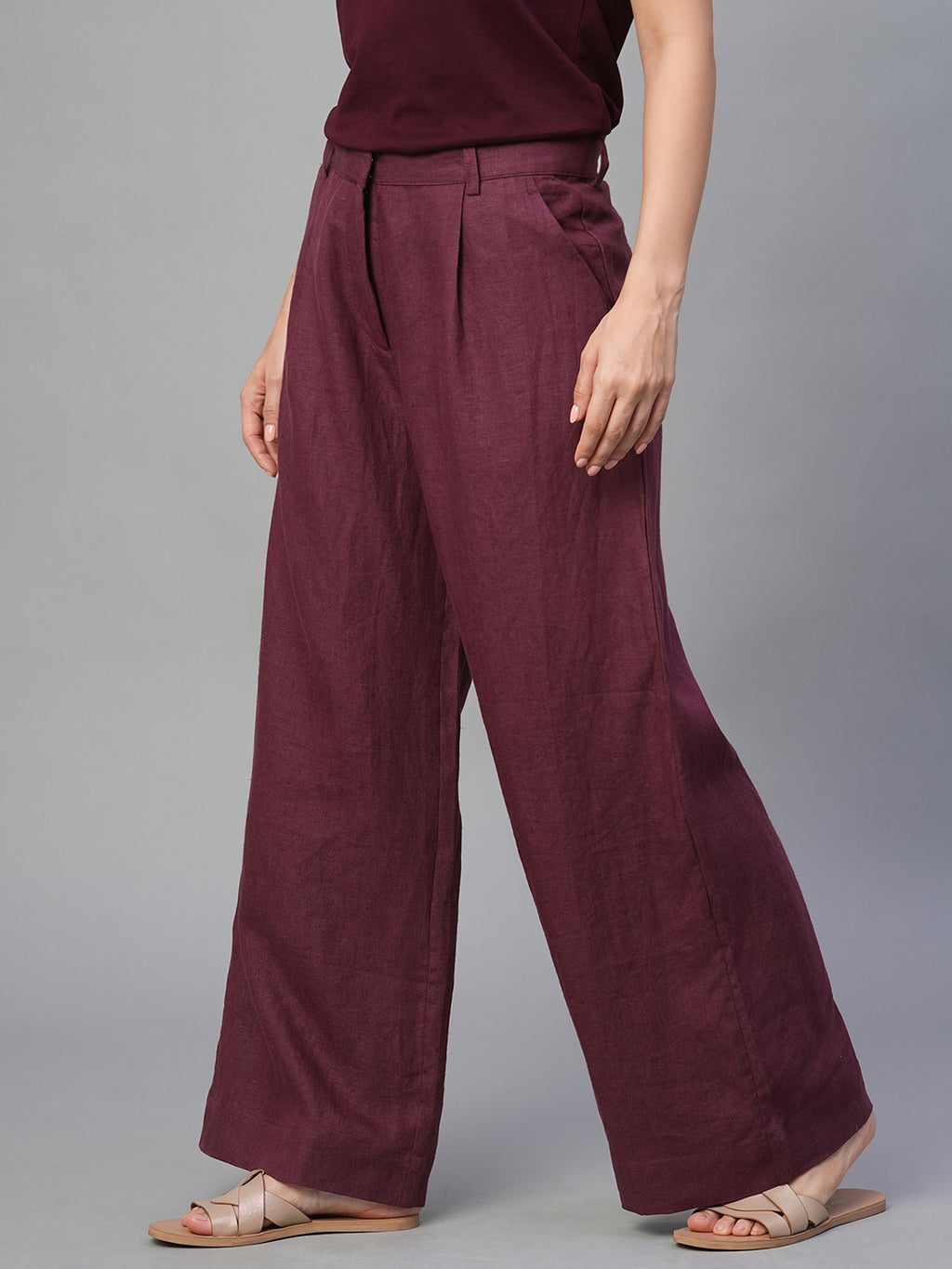 Women's Wine 100% Linen Regular Fit Pant