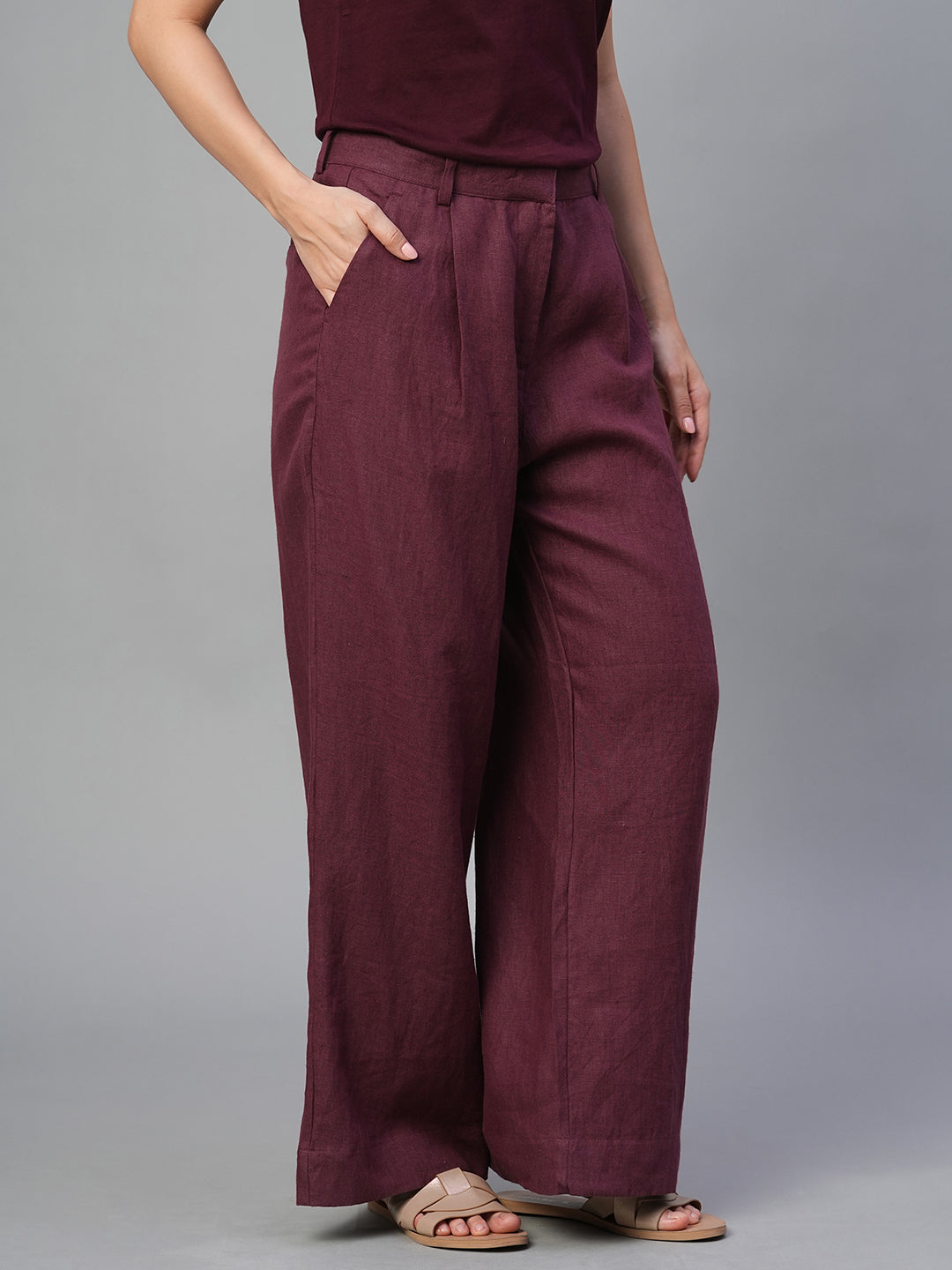 Women's Wine 100% Linen Regular Fit Pant