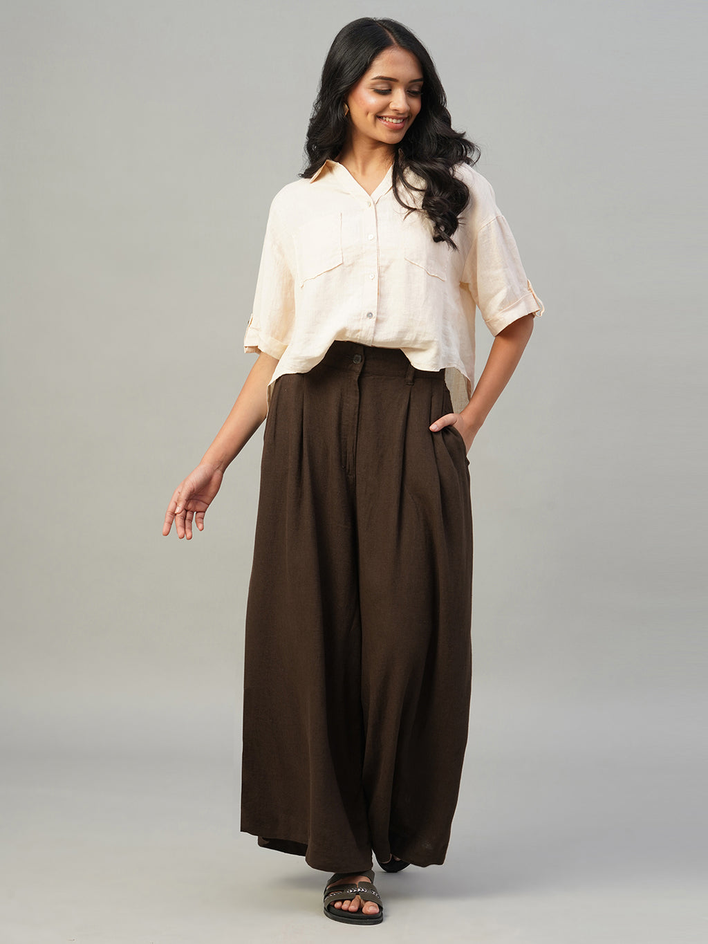 Women's Brown Linen Viscose Regular Fit Pant