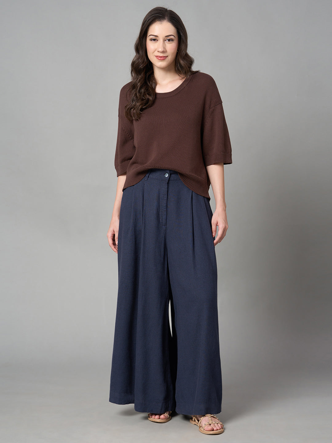 Women's Grey Linen Viscose Regular Fit Pant
