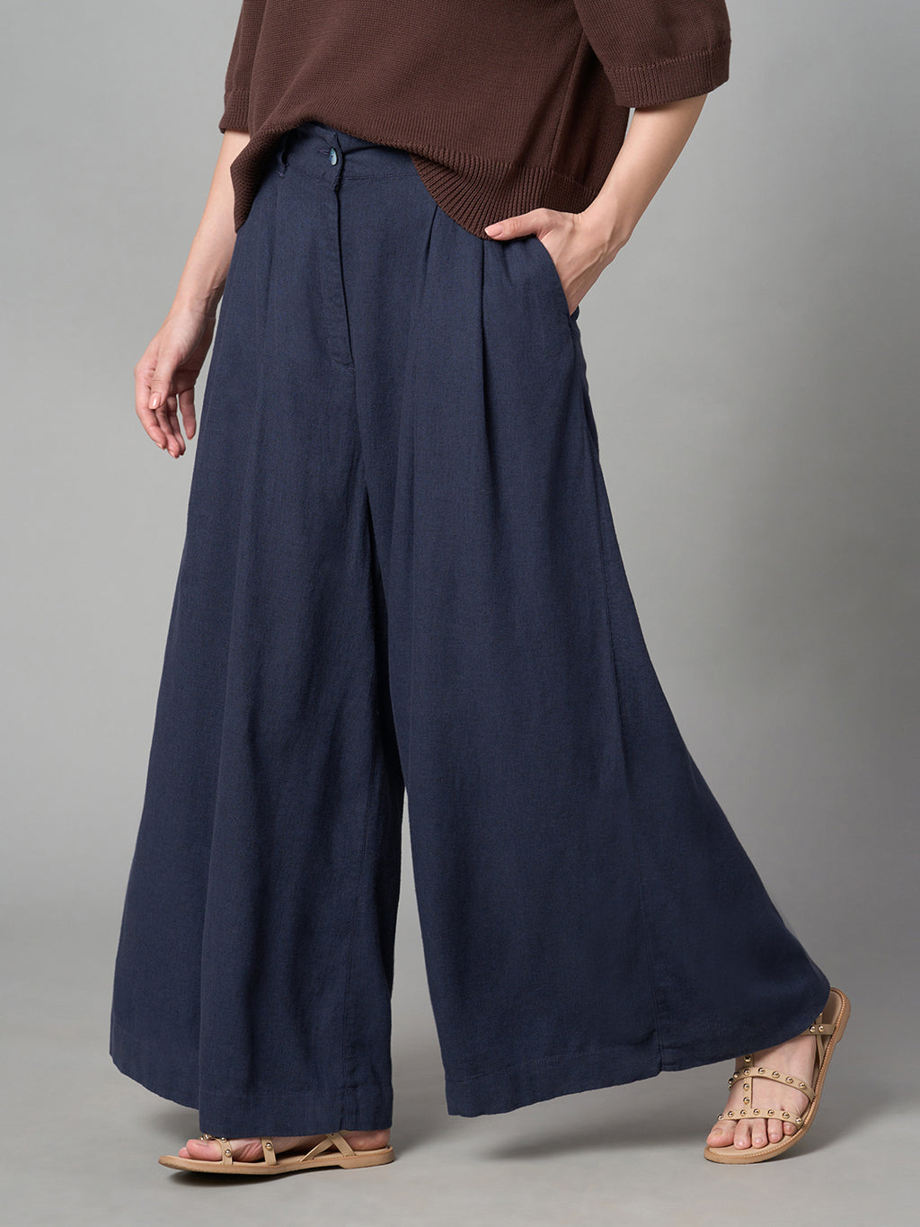 Women's Grey Linen Viscose Regular Fit Pant