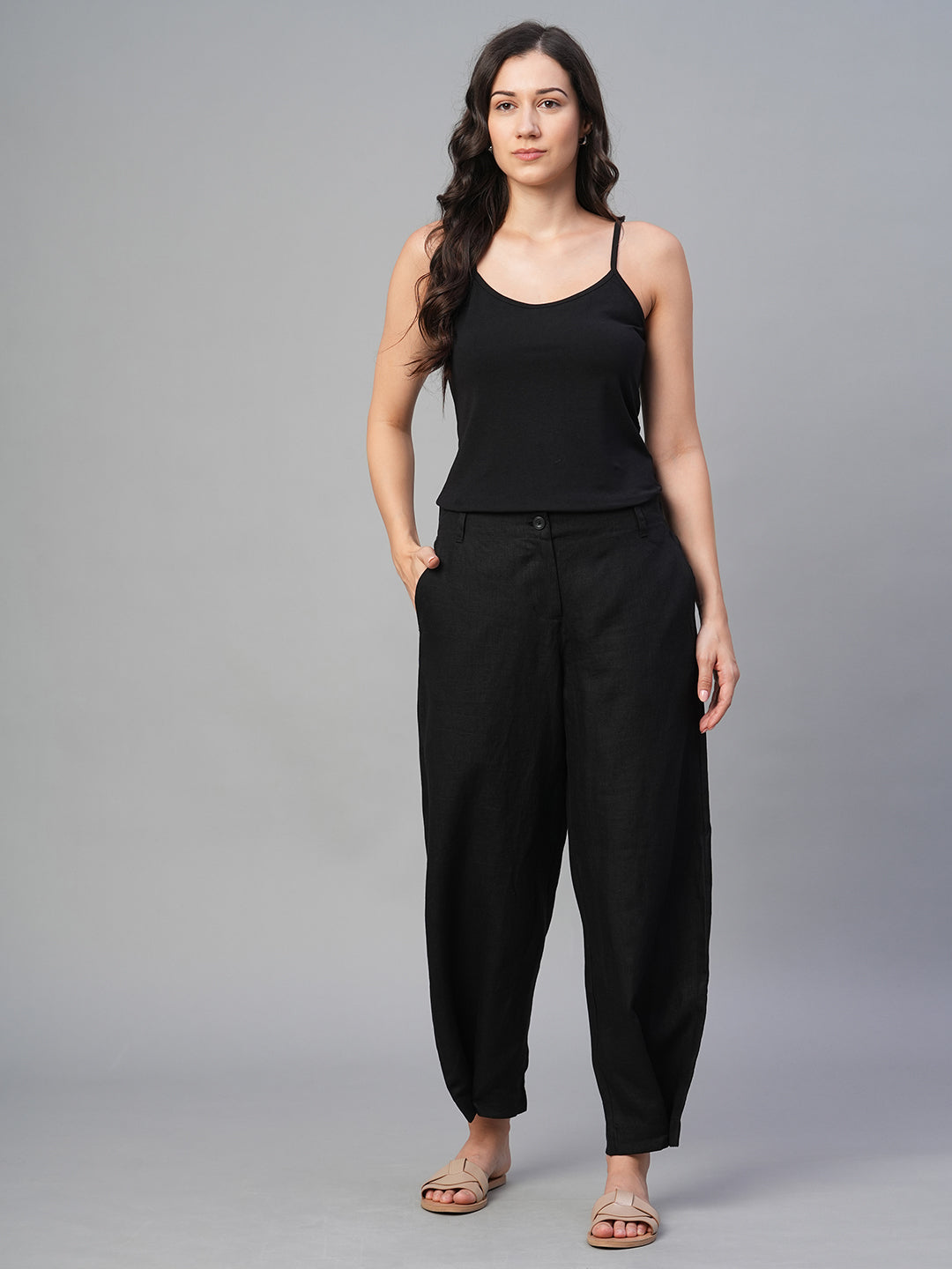 Women's Black 100% Linen Regular Fit Pant