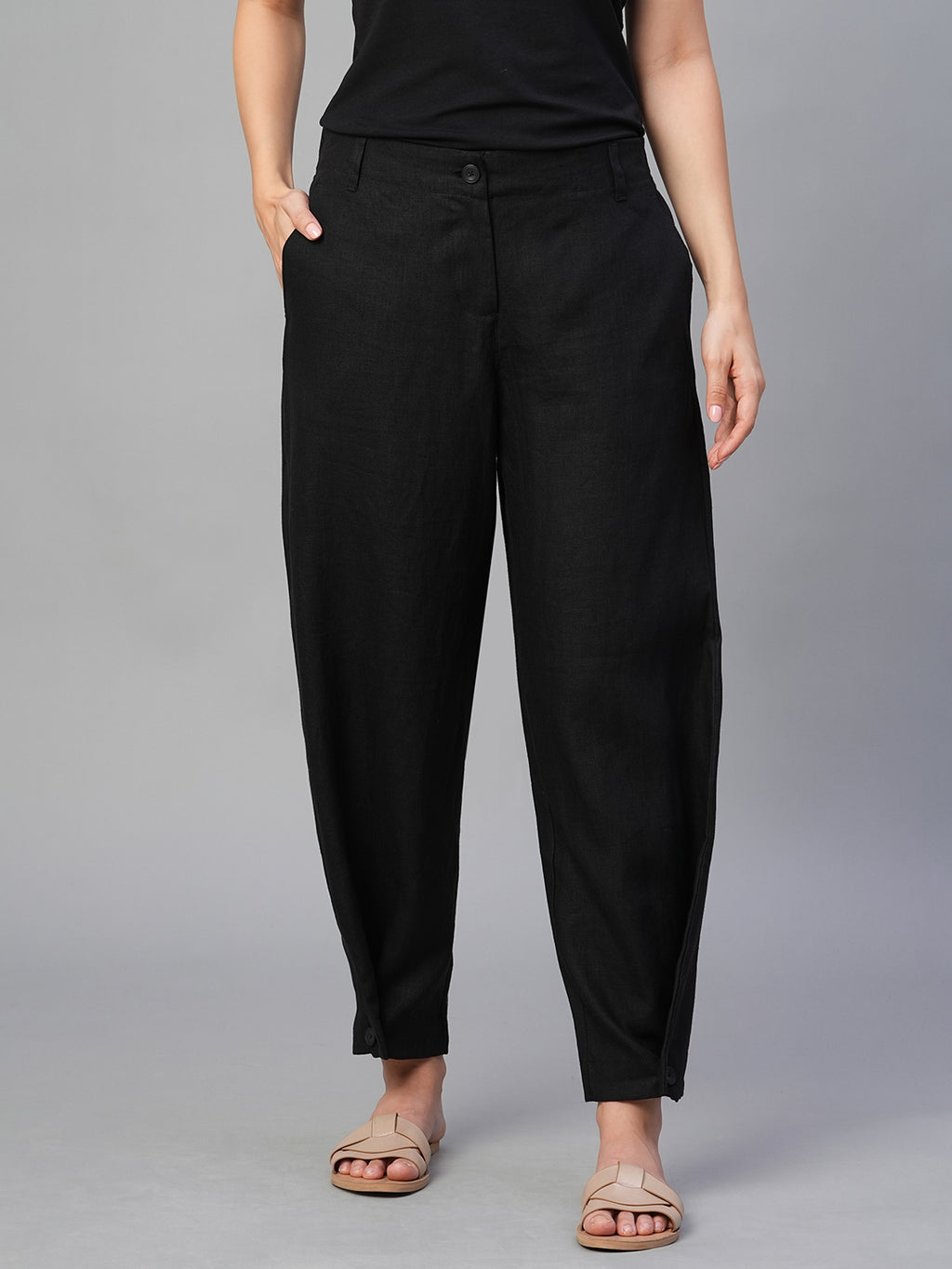Women's Black 100% Linen Regular Fit Pant
