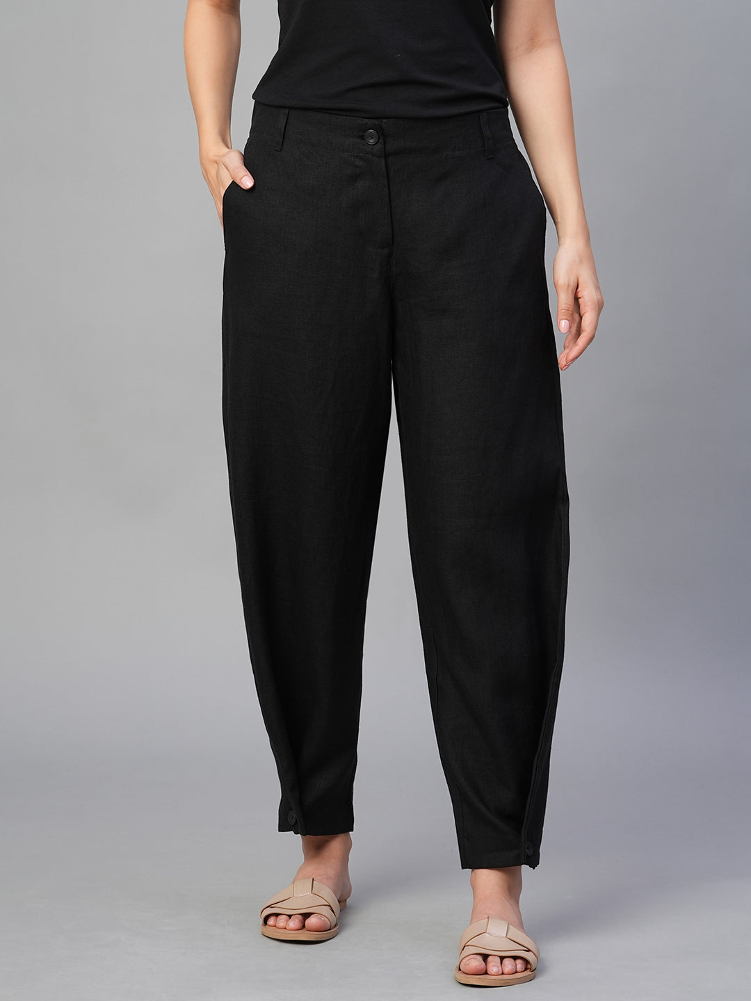 Women's Black 100% Linen Regular Fit Pant