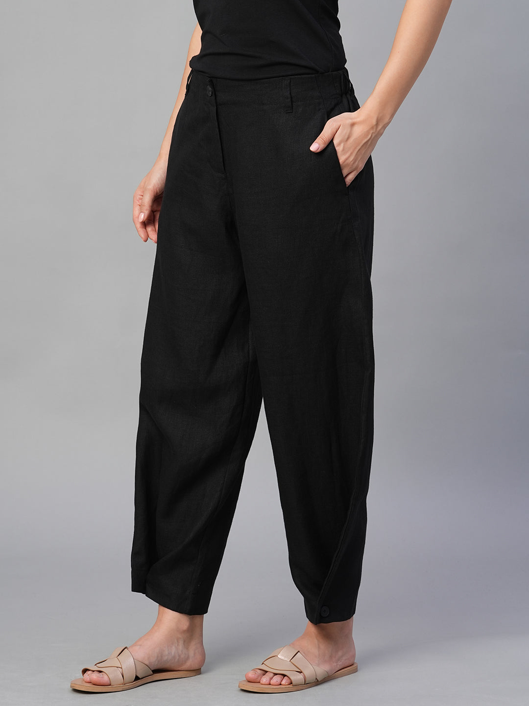 Women's Black 100% Linen Regular Fit Pant