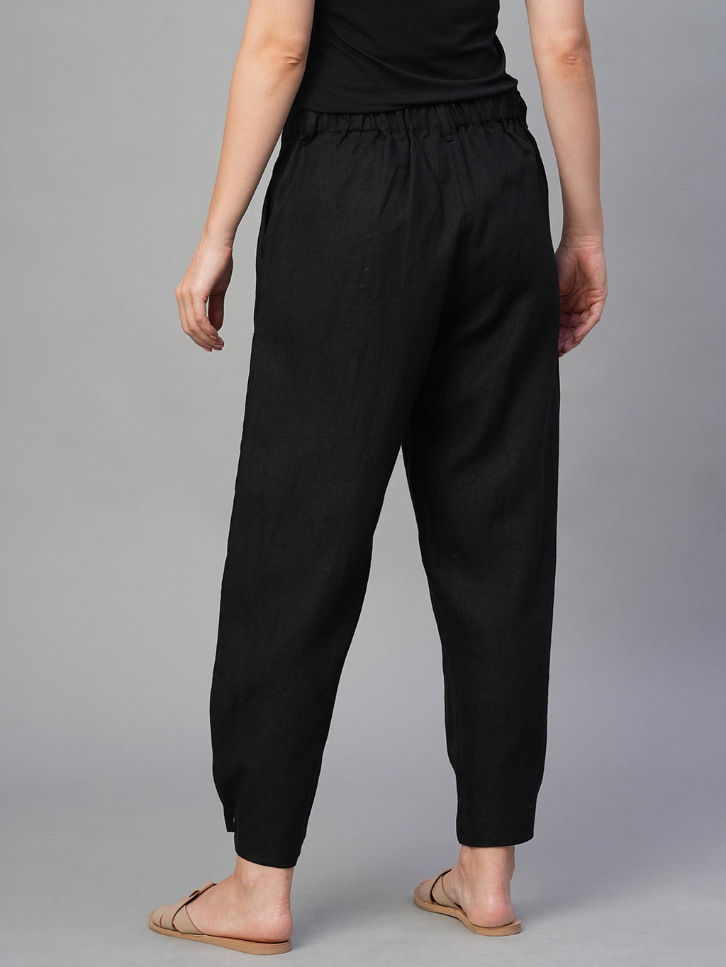 Women's Black 100% Linen Regular Fit Pant