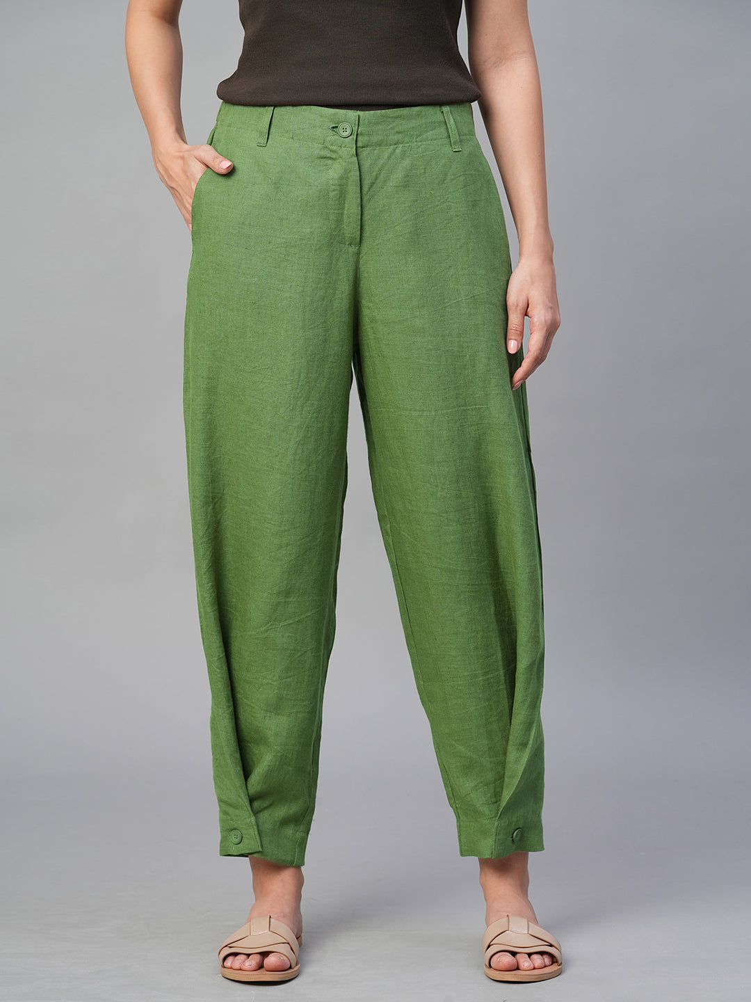 Women's Green 100% Linen Regular Fit Pant
