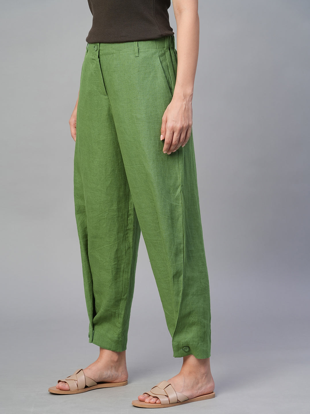Women's Green 100% Linen Regular Fit Pant